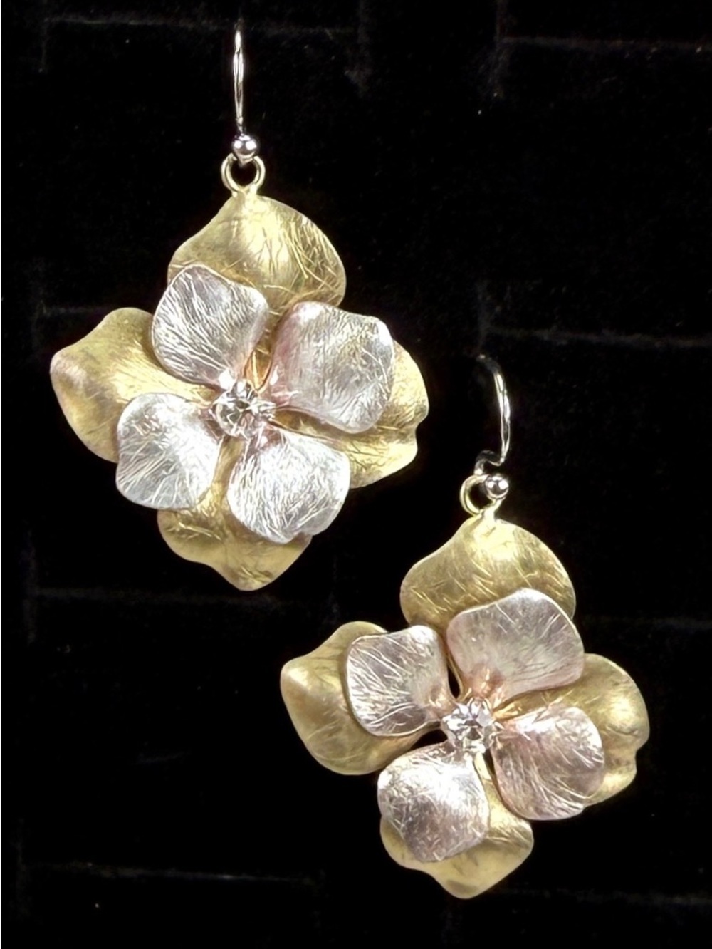 Vintage Floral Silvertone and aged Goldtone bling pierced Earrings